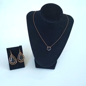 Gold tone and matte black filigree dangling earrings and necklace set